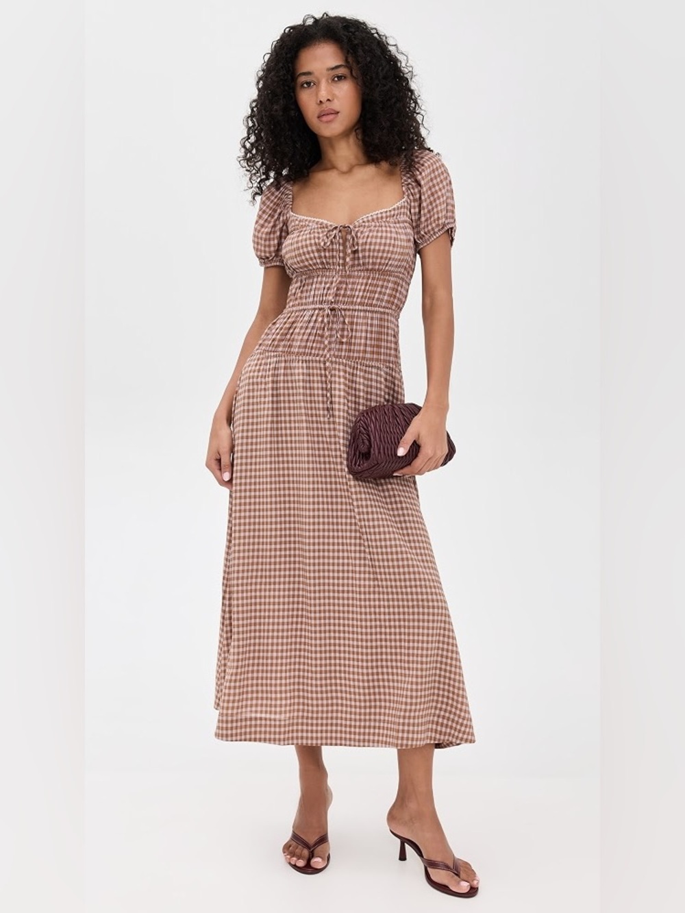 Reformation Rhett Dress Audrie Check Midi Puff Sleeve Tie Front Smocked Lined